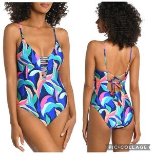 La Blanca Multicolor Abstract Print One-Piece Swimsuit - Blue, Pink, Teal